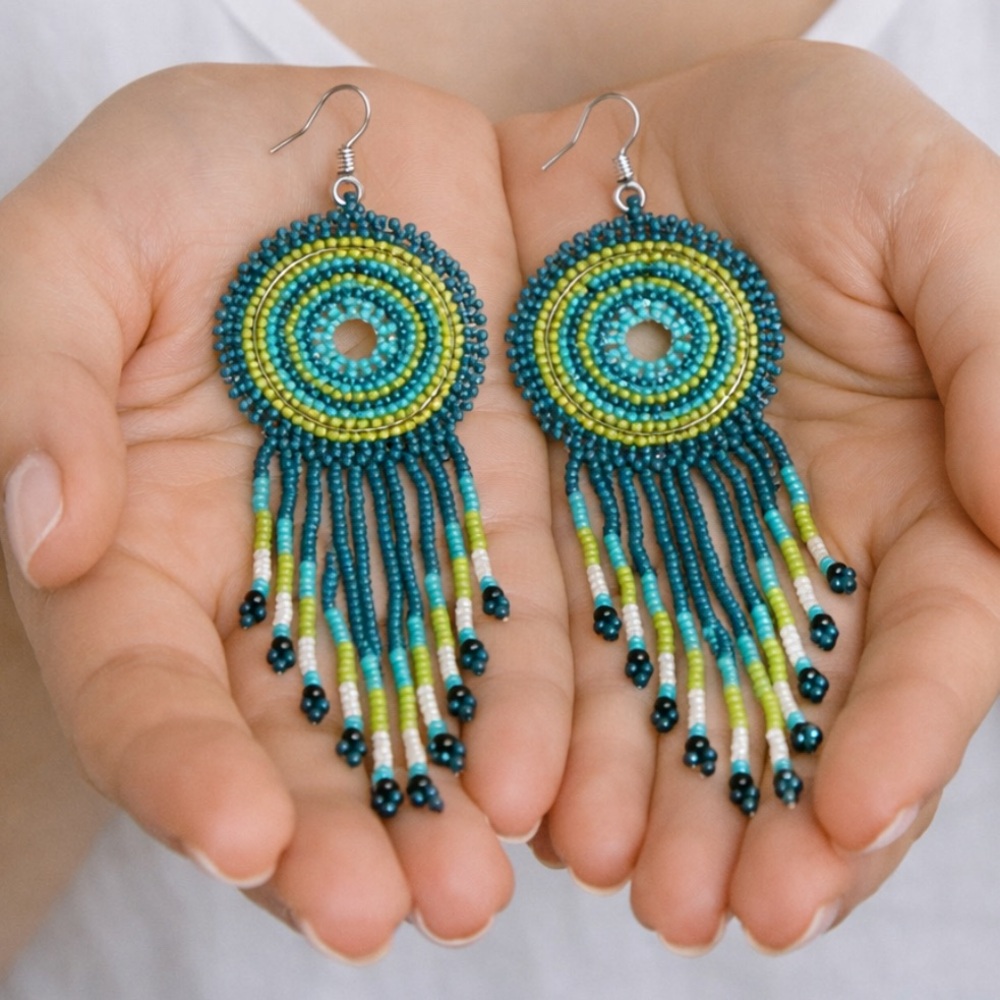 Boho Dreamcatcher Beaded Earrings Green Turquoise Festival Jewelry NWT